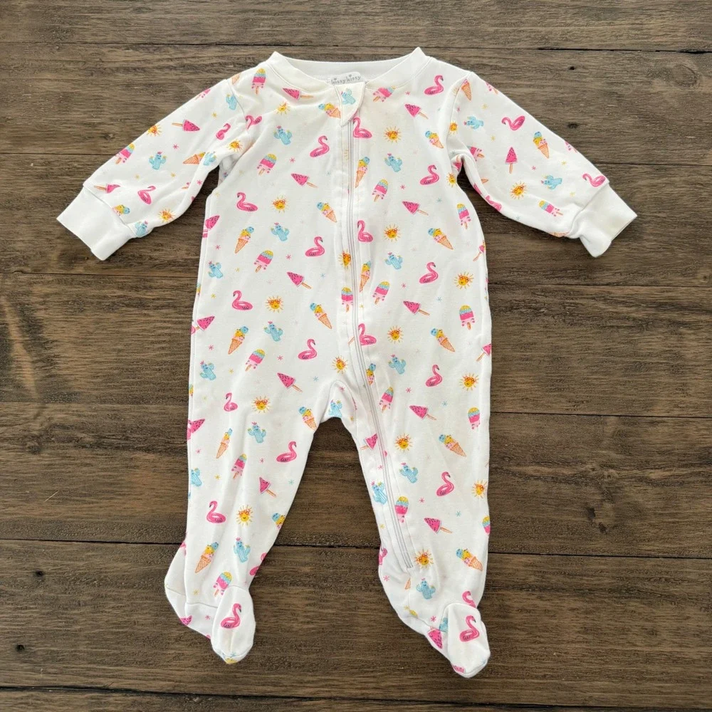 Kissy Kissy Kids White Pima‎ Cotton Flamingo Ice Cream Footie Romper 6-9M